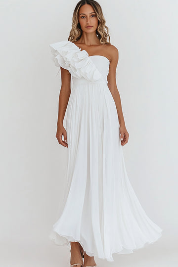 One Shoulder A Line Ruffled White Engagement Dress